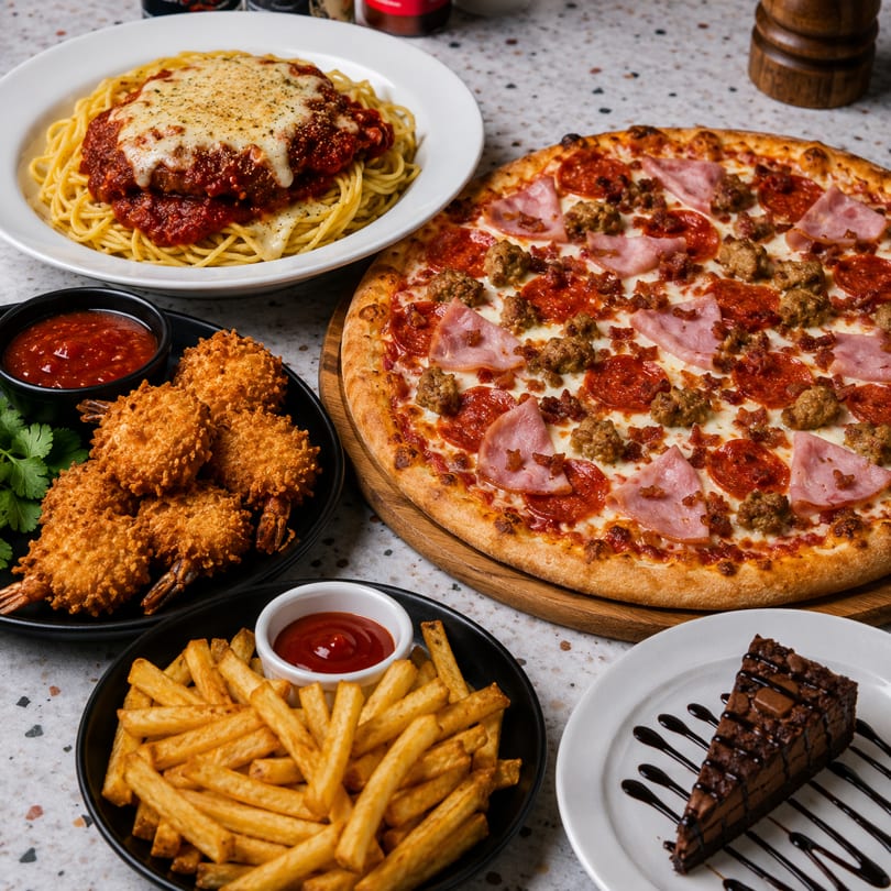 A table laden with spaghetti, meat lover's pizza, fried shrimp, french fries, and chocolate cake.