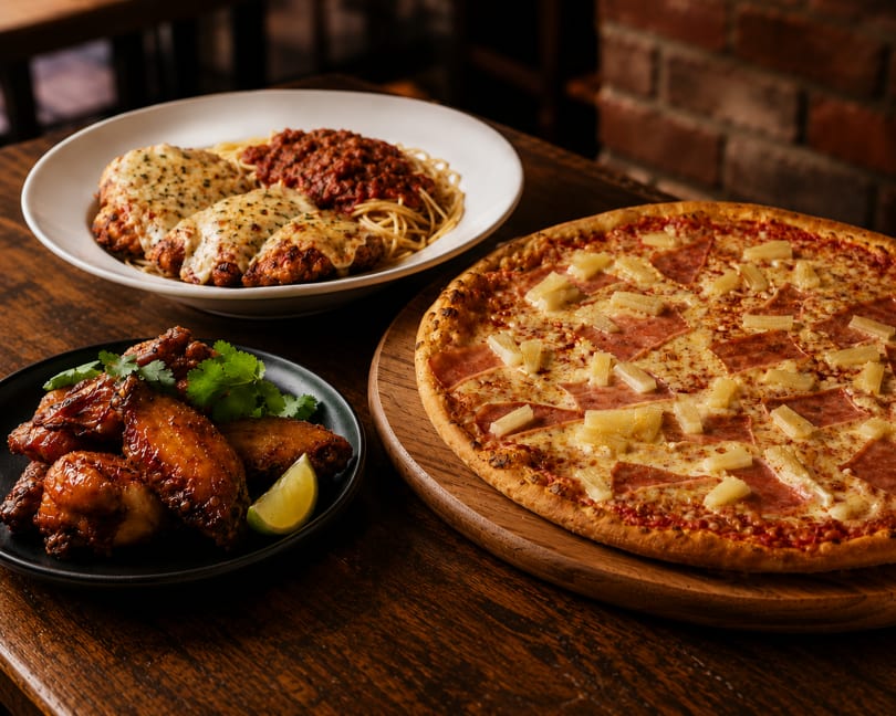 A Hawaiian pizza, chicken parmesan with spaghetti, and glazed chicken wings on a wooden table.