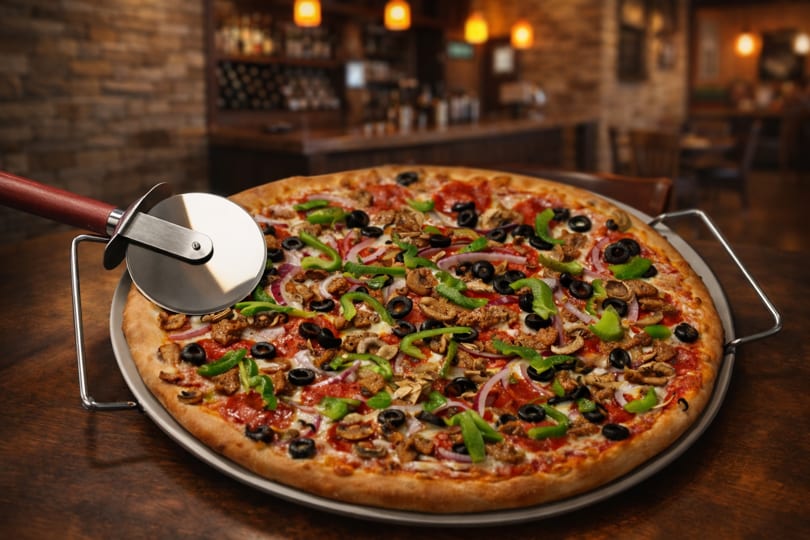 A large, fully loaded pizza with a pizza cutter on a wooden table in a restaurant setting.